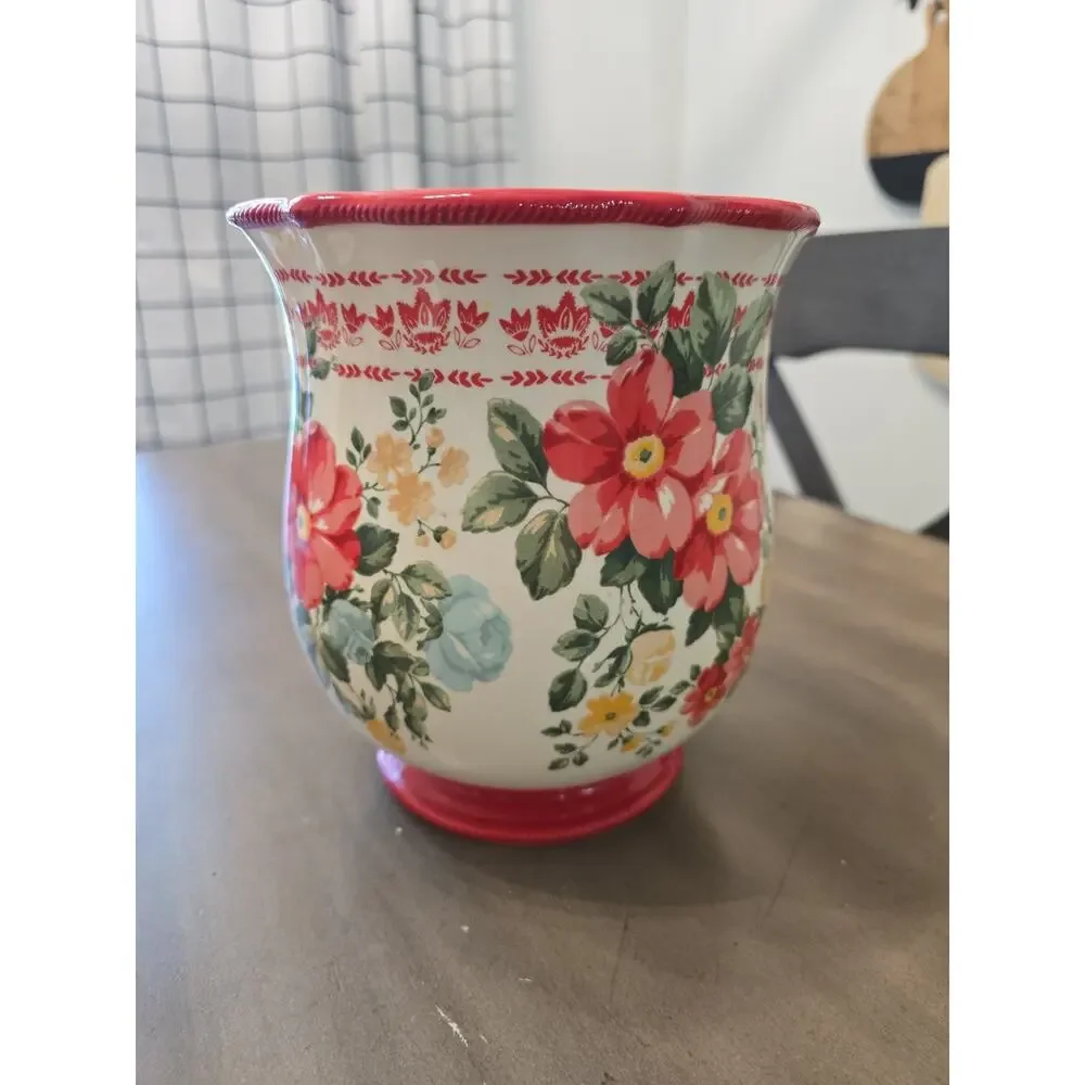 Pioneer Woman Red & White Utensil Holder Floral Stoneware Farmhouse Kitchen